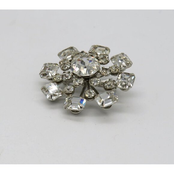 Vintage Rhinestone Brooch 1.5" Silver Tone Clear Round Square Stones Floral Pin - Picture 2 of 12